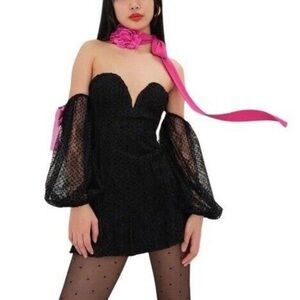 For Love & Lemons Black Mini Dress with Pink Scarf